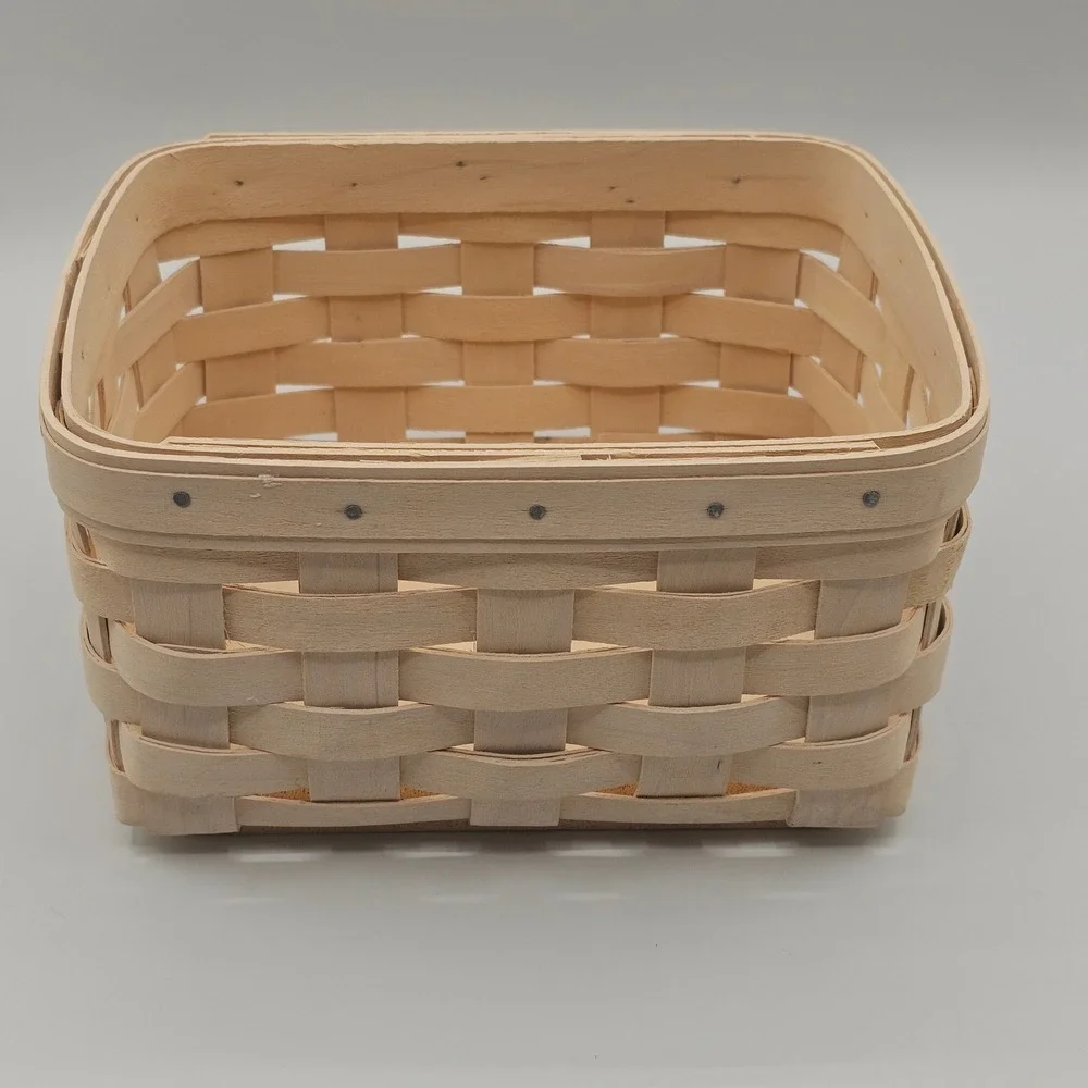 Longaberger Handmade Basket Small Square Light Wood Floral Cotton Liner Vtg 2004